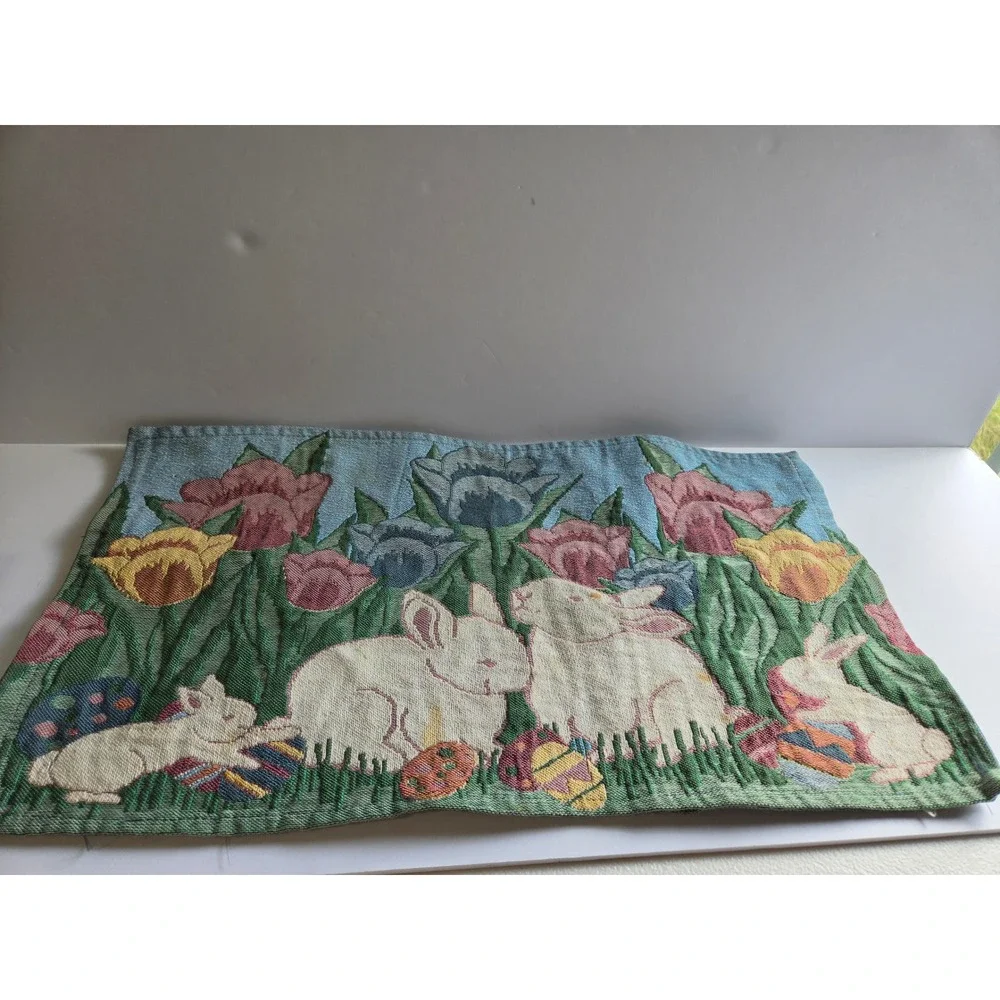 Vintage Woven Tapestry Easter Bunny Tulip Placemat Spring Decor Set of Two